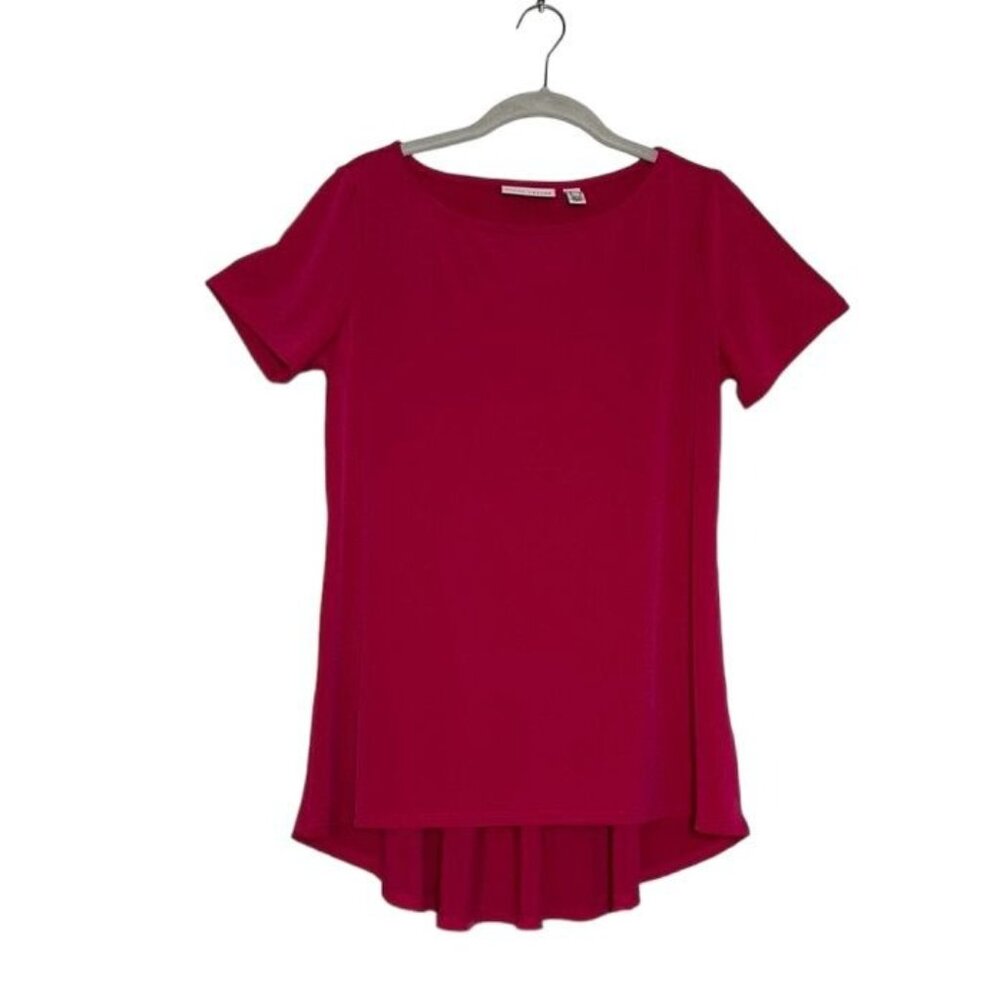 Susan Graver Liquid Knit Short Sleeve High Low Top in Pink - Size XS